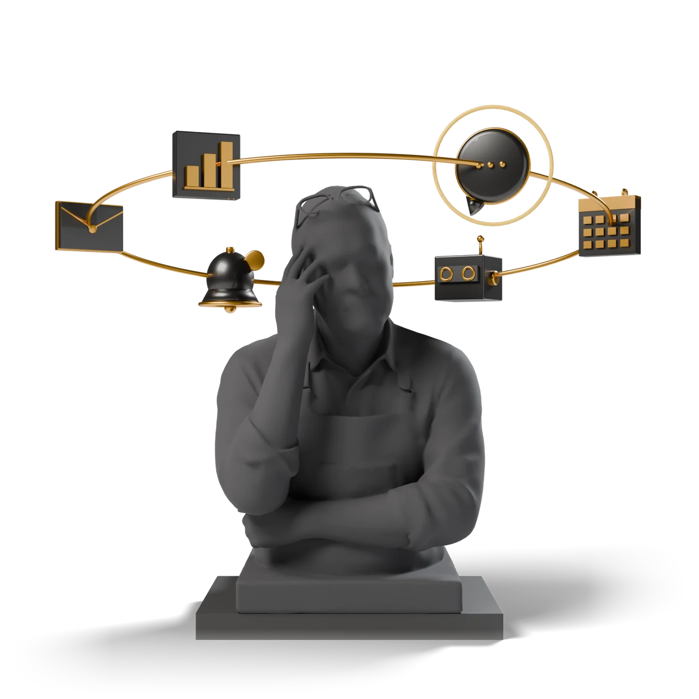 A stone bust of a shop owner, eyes closed and hand to his brow, with texts, email, alerts, an AI bot, a calendar and a chart circling his head on a brass ring